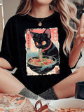 Women's Cartoon Cat & Ramen Print Round Neck Tee, Fashion Casual Drop Shoulder Short Sleeve T-shirt, Ladies Summer...