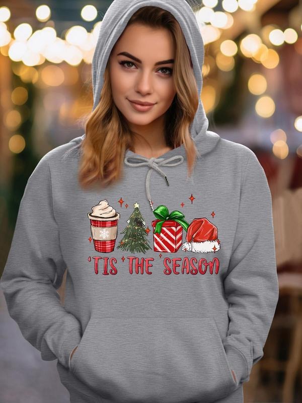 Women's Cartoon Christmas & Letter Print Drop Shoulder Long Sleeve Hoodie, Fashion Casual Drawstring Pocket Hooded...