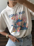 Women's Cartoon Coral Reef Graphic Round Neck Tee, Casual Drop Shoulder Short Sleeve T-shirt for Summer, Ladies Clothes...