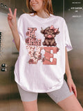 Women's Cartoon Cow Print Round Neck Tee, Casual Heart Print Short Sleeve T-shirt for Summer, Women's Top for Daily Wear...