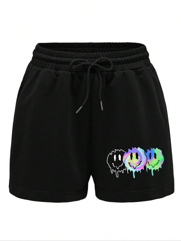 Women's Cartoon Face Print Drawstring Waist Shorts, Casual Comfy Pocket Elastic Waist Shorts for Summer, Fashion Women's...