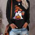 Women's Cartoon Ghost & Pumpkin Print Drop Shoulder Tee,  Halloween Casual Long Sleeve Round Neck T-shirt for Daily Wear,...