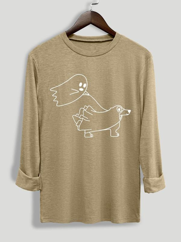 Women's Cartoon Ghost Print Round Neck Tee, Casual Halloween Long Sleeve Crew Neck T-shirt for Daily Wear, Ladies...