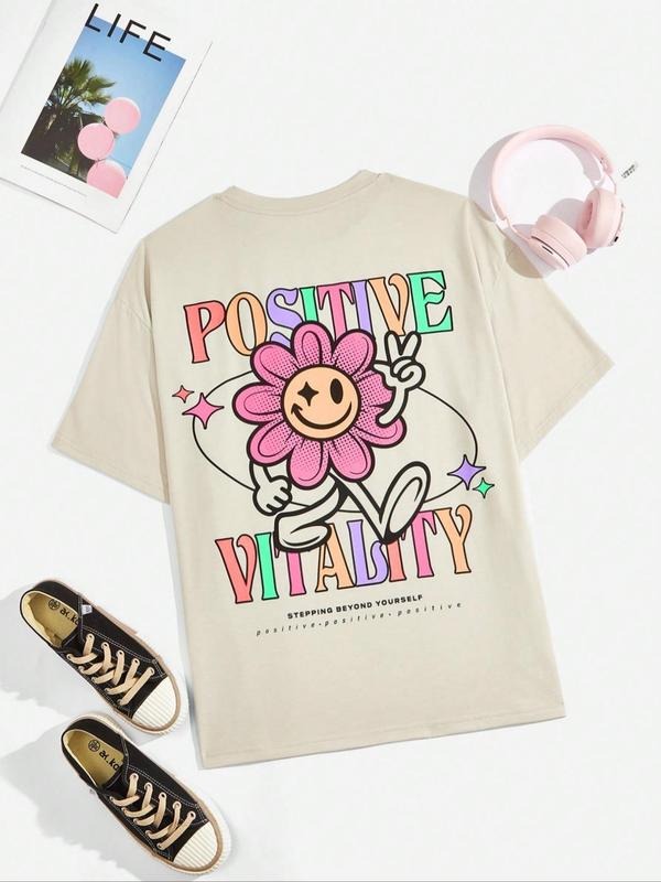 Women's Cartoon Graphic Print Round Neck Drop Shoulder Tee, Summer Clothes Women Casual Letter Print Short Sleeve T-Shirt...