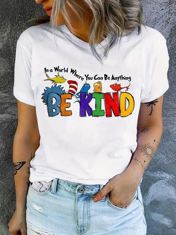 Women's Cartoon Letter Print Round Neck Drop Shoulder Tee, Fashion Casual Crew Neck T-Shirt for Daily Holiday Vacation...