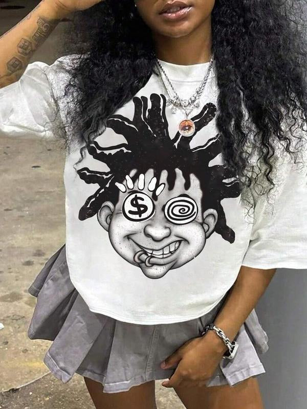 Women's Cartoon Print Round Neck Tee, Fashion Casual Crew Neck Half Sleeve T-Shirt for Daily Holiday Vacation Outdoor...