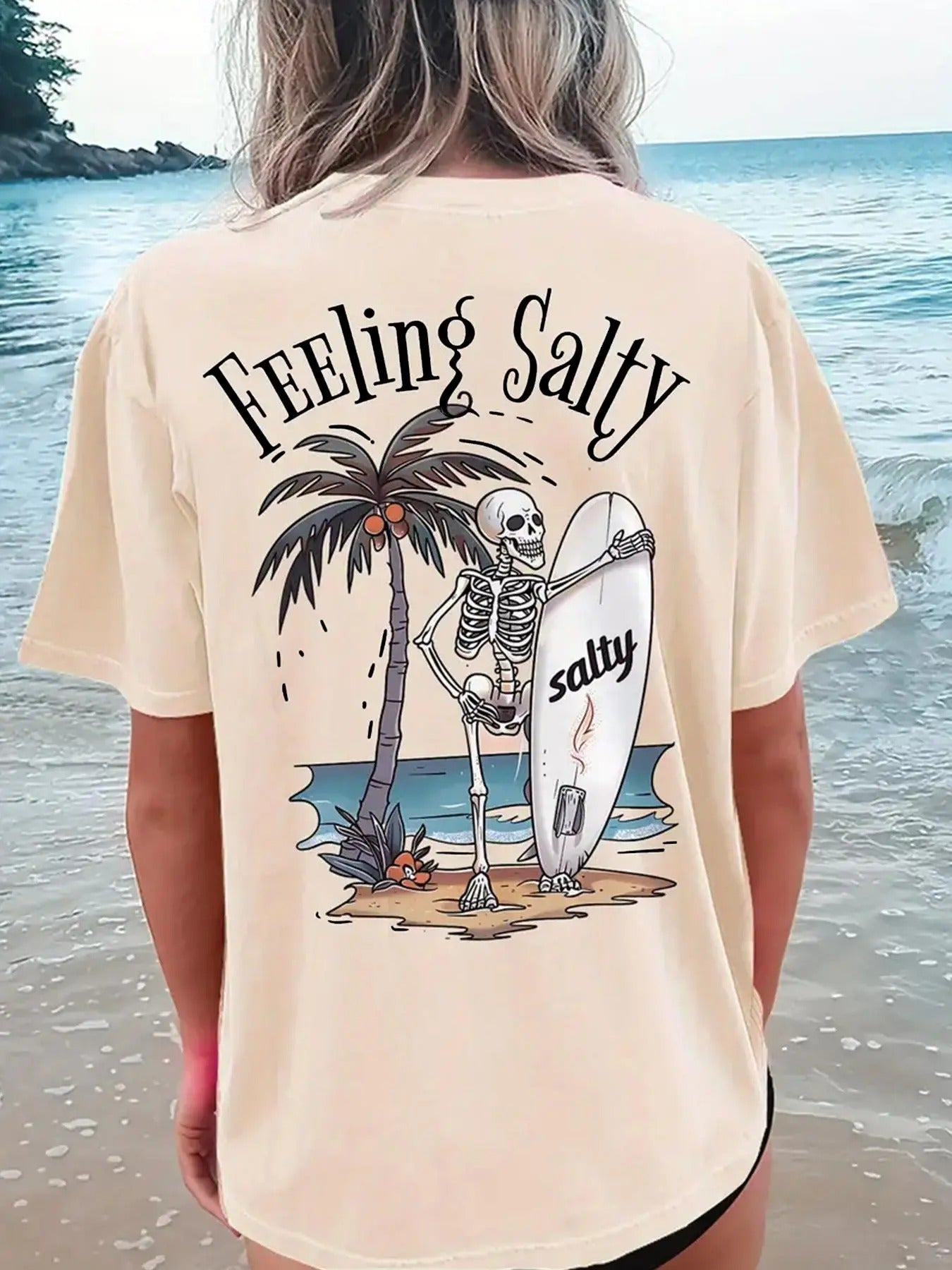 Women's Cartoon Skeleton & Letter Print Round Neck Tee, Trendy Casual Drop Shoulder Short Sleeve T-Shirt for Daily Wear,...