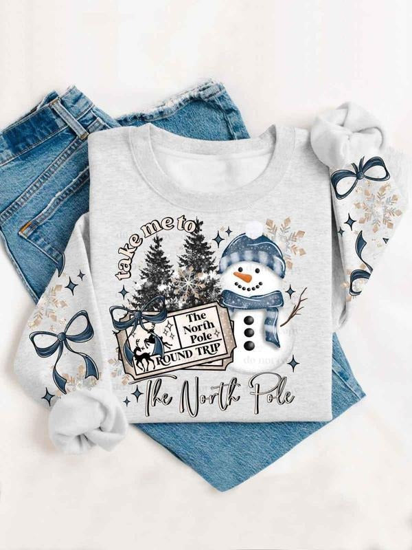 Women's Cartoon Snowman Print Round Neck Sweatshirt, Casual Long Sleeve Crew Neck Sweatshirt for Winter, Fashion Ladies'...