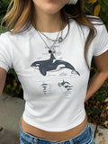Women's Cartoon Whale Print Round Neck Graphic Tee, Vintage Trendy Casual Short Sleeve T-shirt For Daily Wear, Ladies...