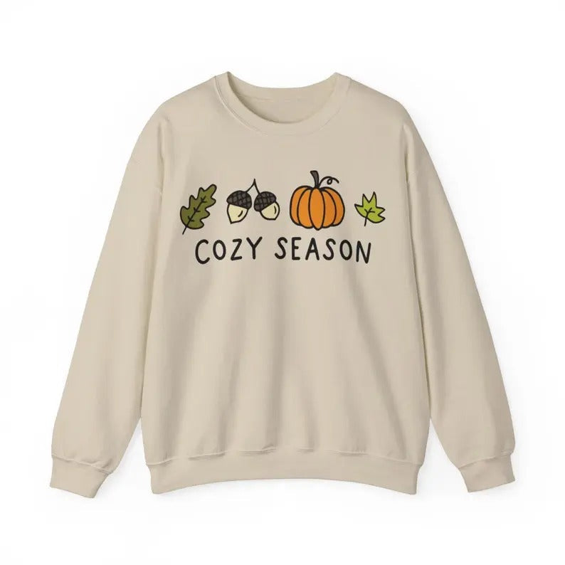 Women's Casual Acorn Shirt, Fall Cozy Season Sweatshirt, Autumn Sweatshirt with Pumpkin, Leaves Cotton Fabric Knit Bottom...