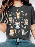 Women's Cat Print Round Neck Tee, Casual Short Sleeve Crew Neck T-shirt for All Seasons, Fashion Women's Top for Daily...