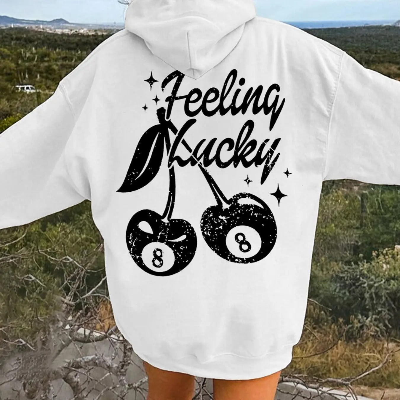 Women's Cherry & Letter Print Drop Shoulder Hoodie, Fashion Casual Drawstring Pocket Hooded Sweatshirt for Daily Holiday...
