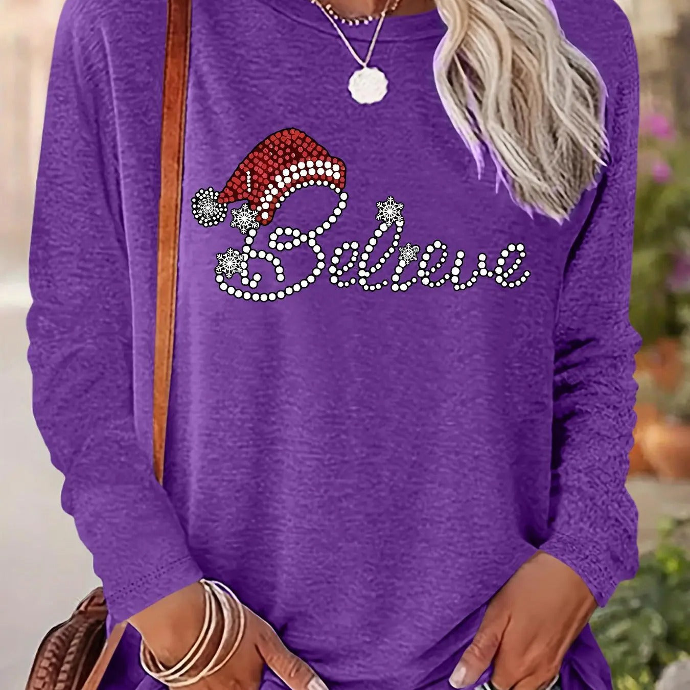 Women's Christmas Letter Print Drop Shoulder Tee, Casual Long Sleeve Round Neck Pullover for Daily Wear, Ladies Fall &...