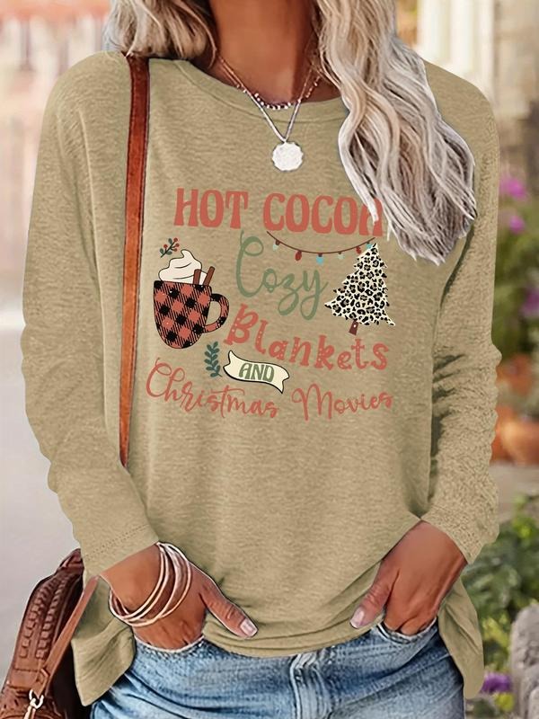 Women's Christmas Letter Print Drop Shoulder Tee, Casual Long Sleeve Round Neck Pullover for Fall & Winter, Women's...