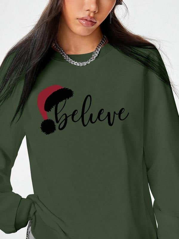 Women's Christmas Letter Print Round Neck Sweatshirt, Casual Long Sleeve Crew Neck Pullover for Daily Wear, Ladies Clothes for All Seasons