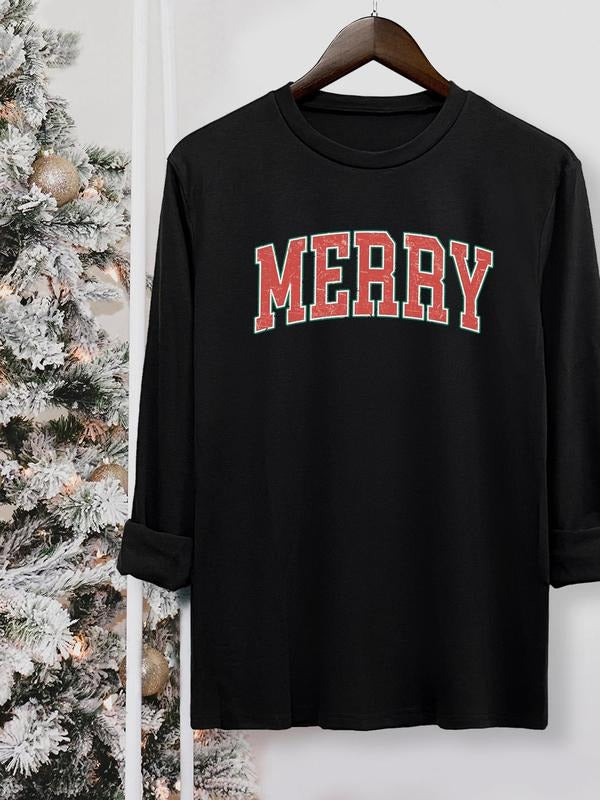 Women's Christmas Letter Print Round Neck Tee, Casual Long Sleeve Crew Neck T-shirt for Fall & Winter, Women's Top for...