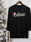 Women's Christmas Letter Print Round Neck Tee, Casual Long Sleeve Crew Neck T-shirt for Fall & Winter, Women's Top for...