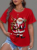 Women's Christmas Reindeer & Santa Claus Print Round Neck Tee, Casual Short Sleeve Crew Neck T-Shirt for Daily Wear,...