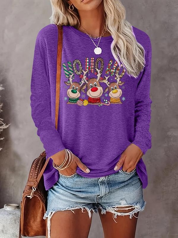 Women's Christmas Reindeer Print Round Neck Tee, Casual Long Sleeve Crew Neck  T-shirt  for Fall & Winter, Women's...