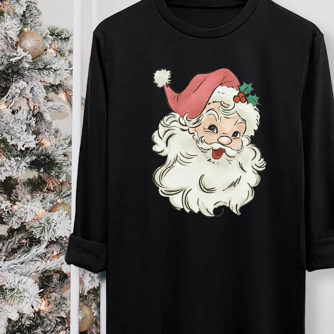 Women's Christmas Santa Claus Print Round Neck Tee, Casual Long Sleeve Crew Neck T-shirt for Fall & Winter, Women's Top...