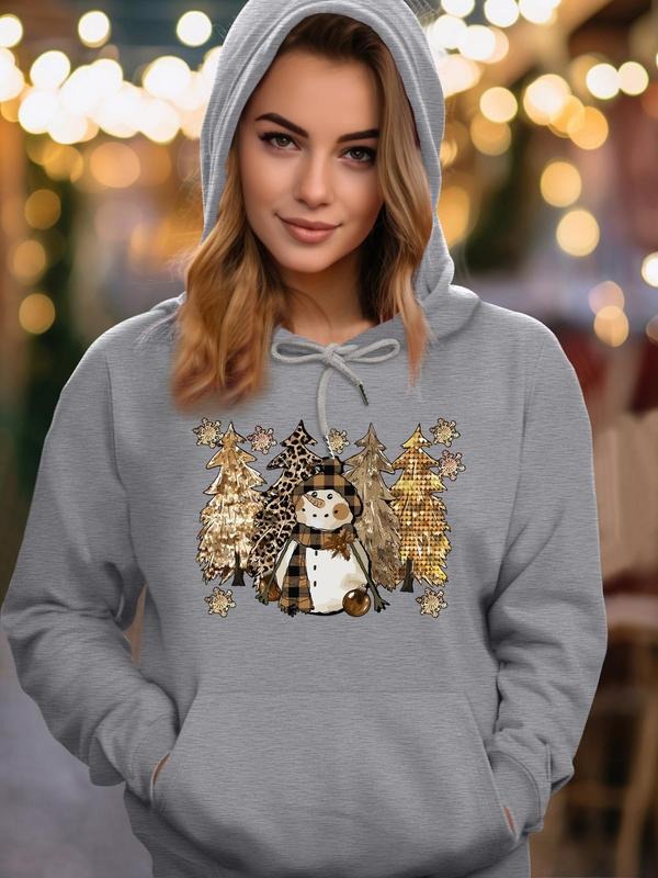 Women's Christmas Snowman  & Tree Print Drawstring Pocket Hoodie, Casual Long Sleeve Hooded Sweatshirt for Fall & Winter,...