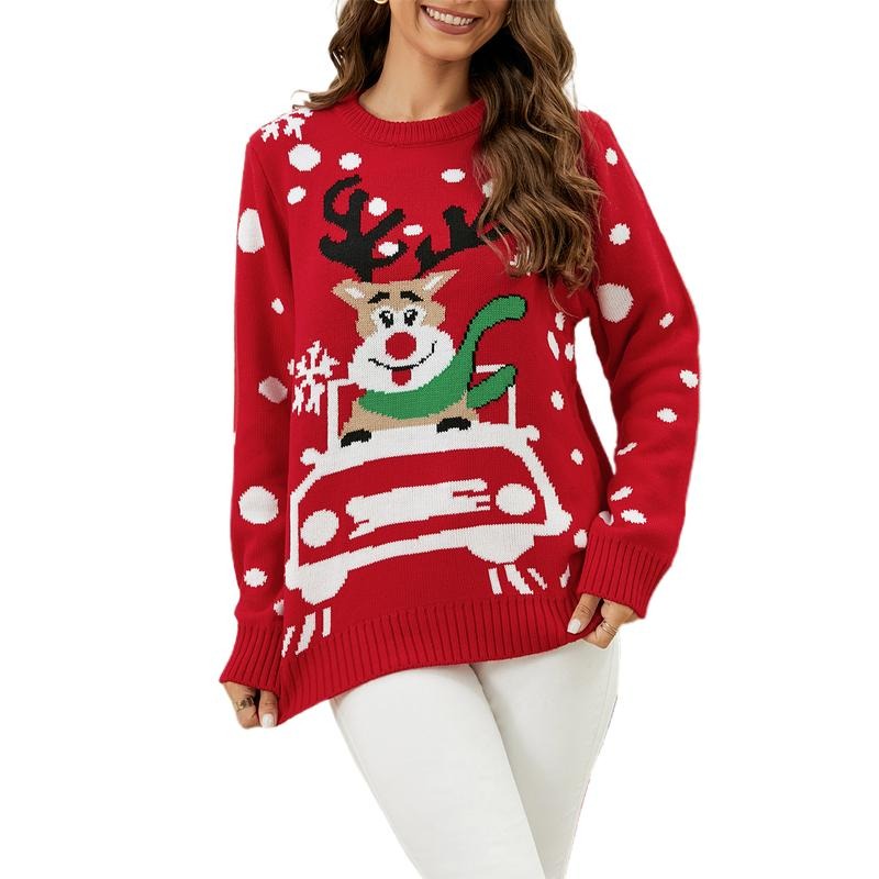 Women's Christmas Sweaters Reindeer Pattern Long Sleeve Round Neck Ribbed Knitted Tops T-Shirts, Hoodie, Sweatshirt