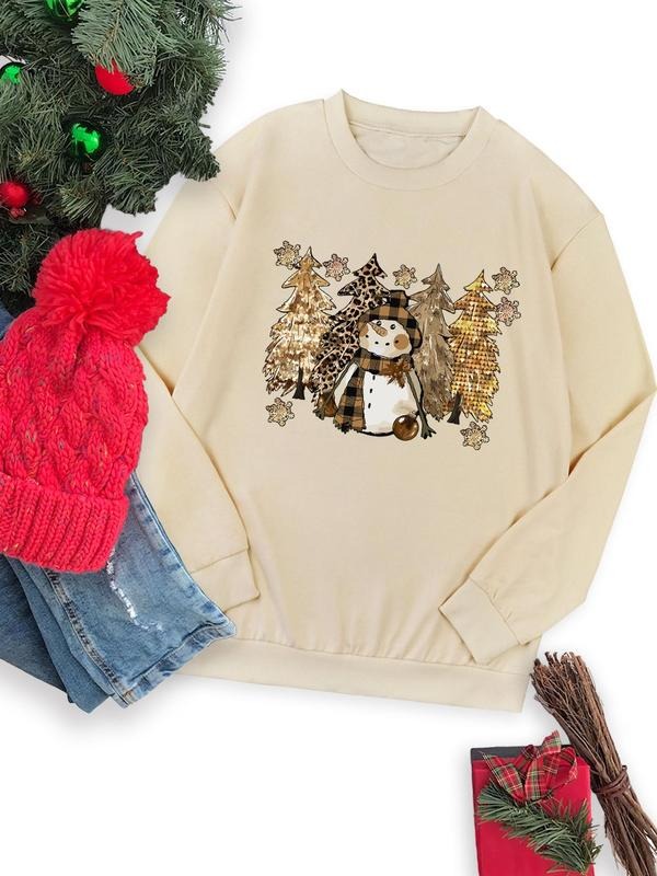 Women's Christmas Tree & Snowman Print Drop Shoulder Sweatshirt, Casual Long Sleeve Round Neck Pullover for Daily Wear,...
