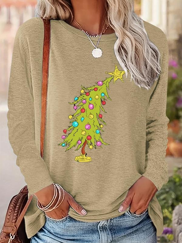 Women's Christmas Tree Print Drop Shoulder Tee, Casual Long Sleeve Round Neck Pullover for Fall & Winter, Ladies Clothes...