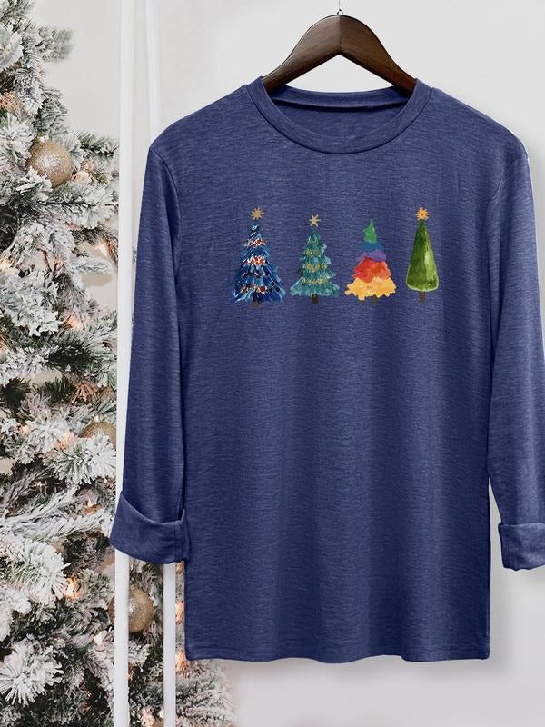 Women's Christmas Tree Print Round Neck Tee, Casual Long Sleeve Crew Neck T-shirt for Fall & Winter, Women's Top for...