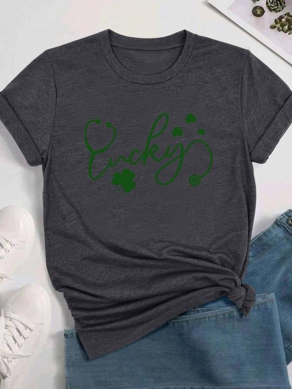 Women's Clover & Letter Print Round Neck Tee, Casual Short Sleeve Crew Neck T-shirt for Daily Wear, Ladies Clothes for...