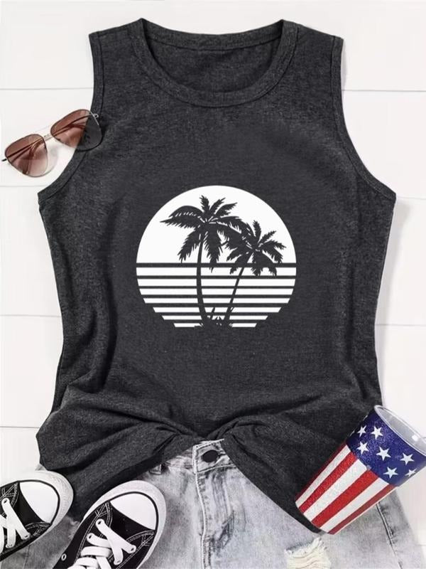 Women's Coconut Tree Print Round Neck Tank Top, Graphic Top, Casual Sleeveless Top for Beach Vacation Holiday, Comfort...