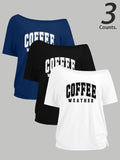 Women's Coffee Weather Letter Print One Shoulder Tee, Casual Short Sleeve T-shirt for Daily Wear, Ladies Clothes for All...