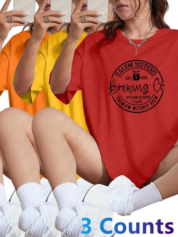 Women's Colorful Letter Print Round Neck Tee, Casual Short Sleeve Crew Neck T-shirt for Daily Wear, Ladies Clothes for...