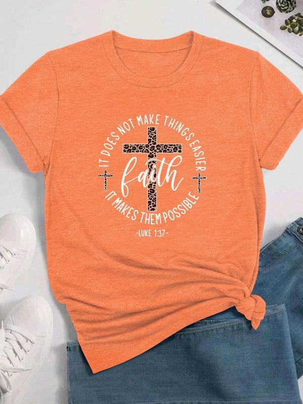 Women's Cross & Leopard Print Round Neck Tee, Fashion Casual Crew Neck T-Shirt for Daily Holiday Vacation Outdoor Wear, Ladies Clothes for All Seasons