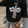 Women's Cross & Letter Print Round Neck Graphic Tee, Vintage Trendy Casual Half Sleeve T-shirt for Daily Wear, Ladies All...