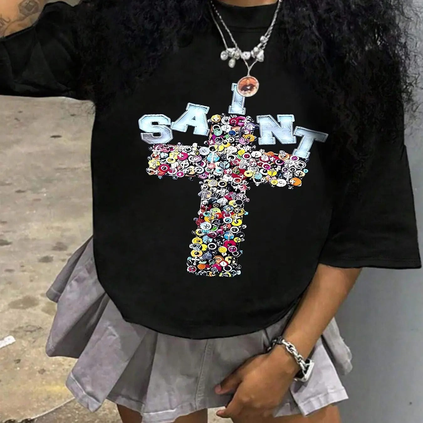 Women's Cross & Letter Print Round Neck Graphic Tee, Vintage Trendy Casual Half Sleeve T-shirt for Daily Wear, Ladies All Seasons Clothes