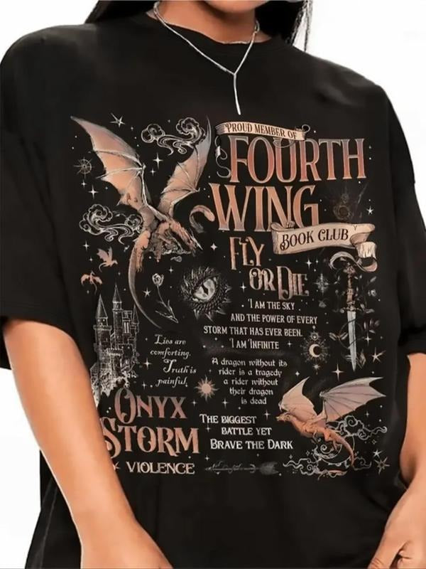 Women's Dragon & Book Print Round Neck Tee, Casual Graphic Short Sleeve T-Shirt for Summer, Ladies Clothes for Daily Wear...