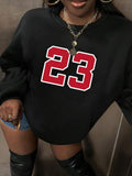 Women's Drop Shoulder Sweatshirt, Number Print Round Neck Pullover, Casual Long-Sleeve Crew Neck Top for Daily Wear...