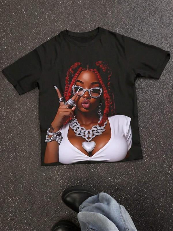 Women's Figure Print Round Neck Tee, Fashion Casual Crew Neck Short Sleeve T-shirt for Daily Holiday Vacation Outdoor...
