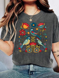 Women's Floral & Bird Print Round Neck Tee, Casual Short Sleeve Crew Neck T-shirt for Summer, Women's Clothes for Daily...