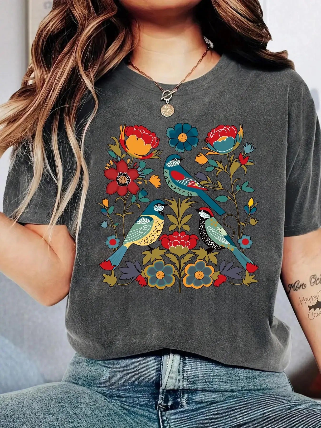 Women's Floral & Bird Print Round Neck Tee, Casual Short Sleeve Crew Neck T-shirt for Summer, Women's Clothes for Daily...