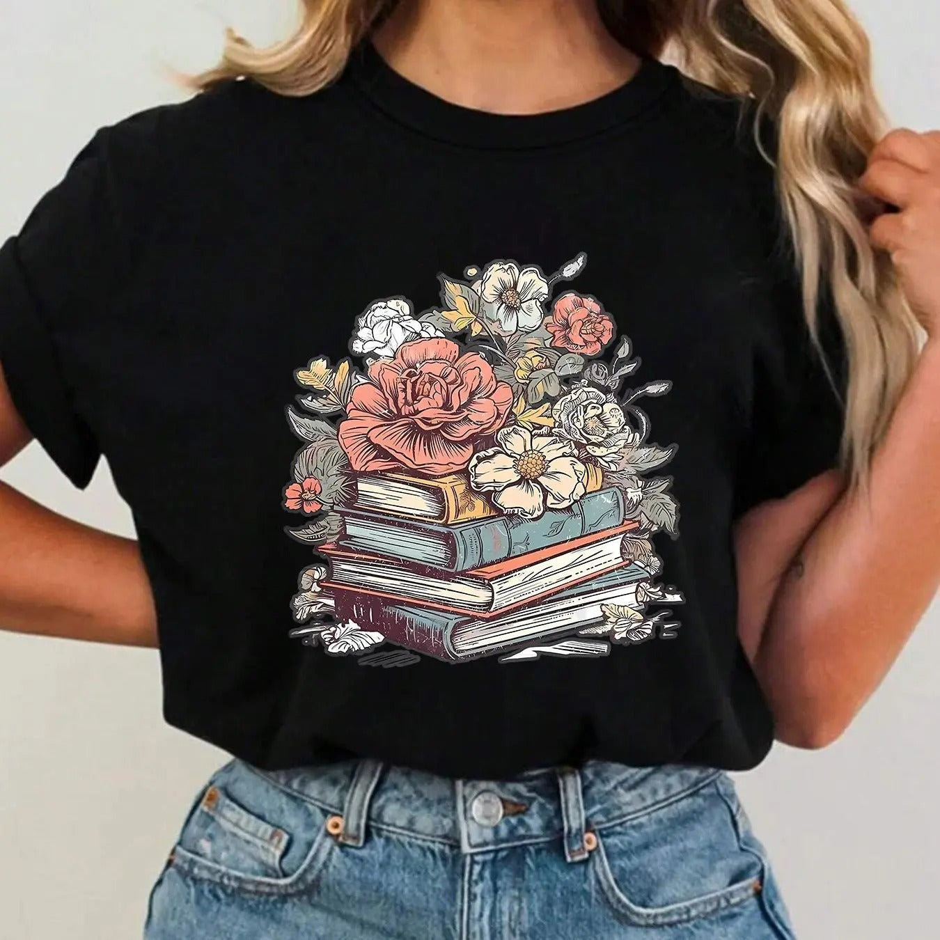 Women's Floral & Book Print Round Neck Tee, Vintage Trendy Casual Rose Graphic Short Sleeve T-shirt for Daily Wear, Ladies Summer Outfit