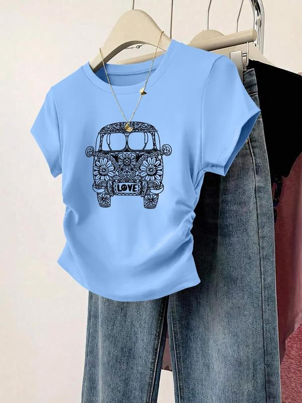 Women's Floral & Car Print Round Neck Tee, Casual Short Sleeve Crew Neck T-shirt for Daily Wear, Ladies Clothes for All...