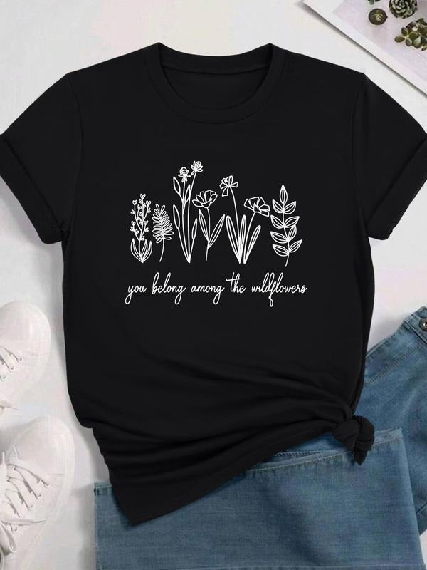 Women's Floral & Letter Print Round Neck Tee, Casual Short Sleeve Crew Neck T-shirt for Daily Wear, Ladies Clothes for...
