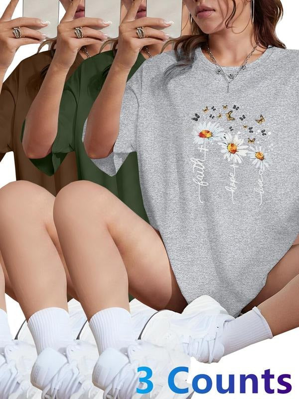 Women's Floral & Letter Print Round Neck Tee, Casual Short Sleeve Crew Neck T-shirt for Daily Wear, Ladies Clothes for...