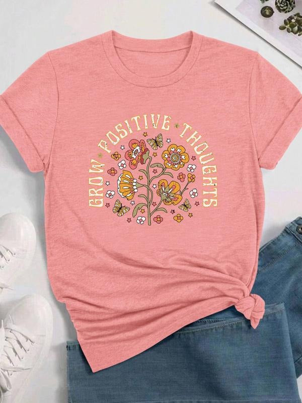 Women's Floral & Letter Print Round Neck Tee, Fashion Casual Crew Neck T-Shirt for Daily Holiday Vacation Outdoor Wear,...