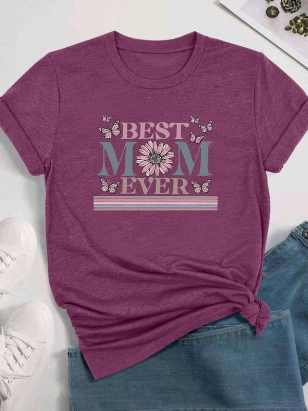 Women's Floral & Letter Print Round Neck Tee, Fashion Casual Crew Neck T-shirt for Daily Holiday Vacation Outdoor Wear,...