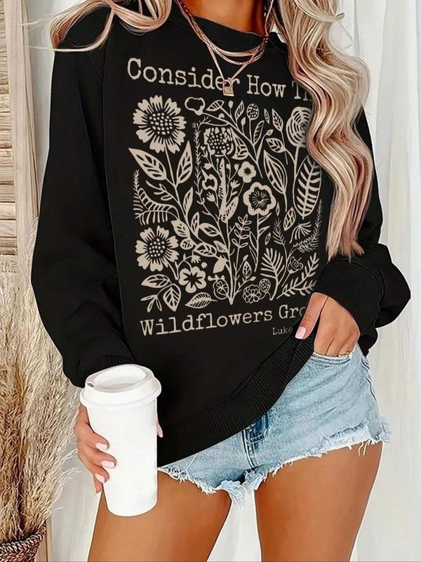 Women's Floral Print Crew Neck Sweatshirt, Casual Long Sleeve Pullover for Fall & Winter, Women's Clothes for Daily Wear...