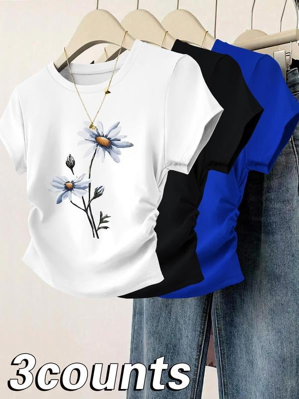 Women's Floral Print Crew Neck Tee, Casual Short Sleeve T-shirt for Daily Wear, Ladies Clothes for All Seasons, Top...