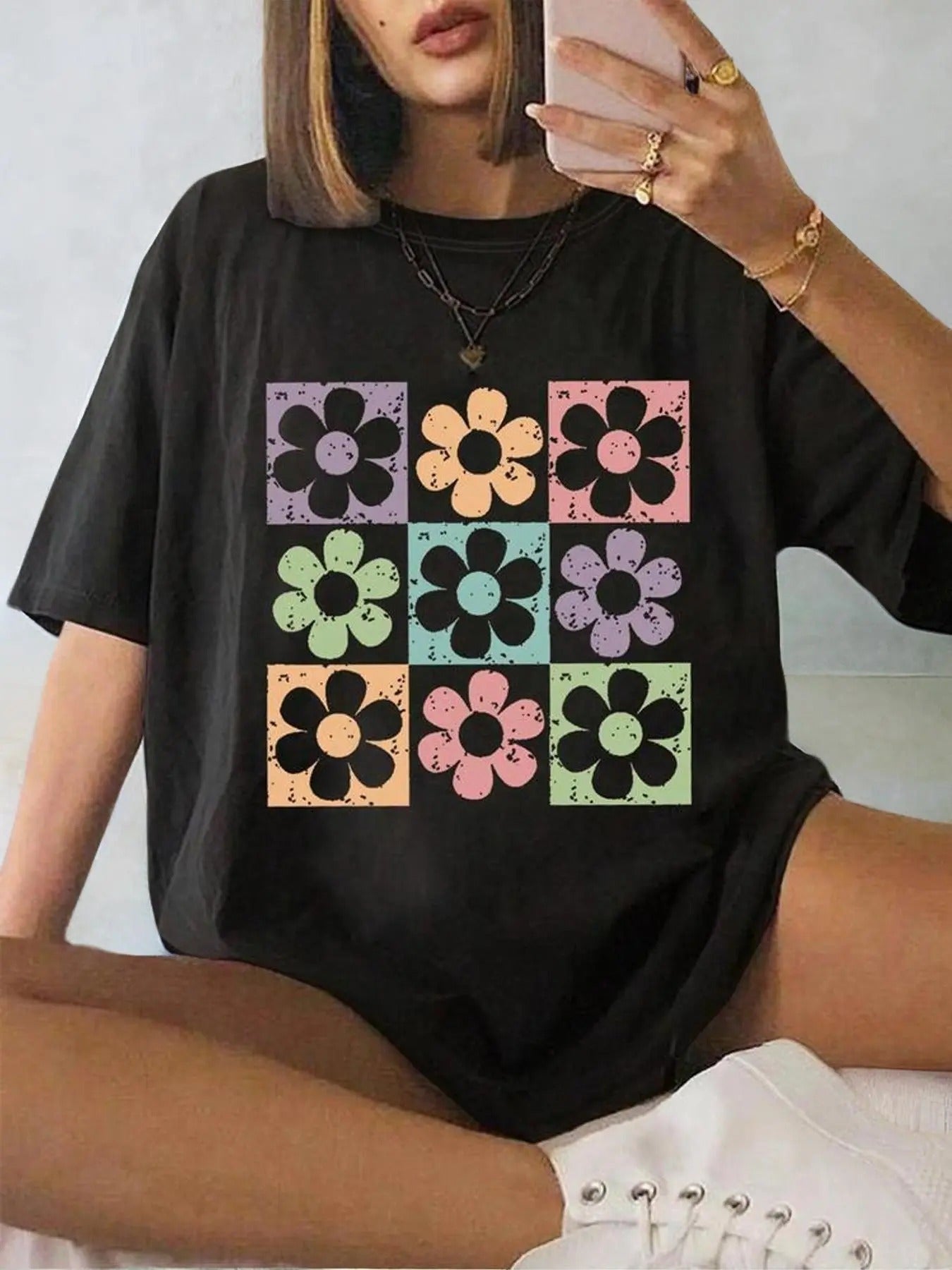 Women's Floral Print Round Neck Graphic Tee, Vintage Trendy Casual Drop Shoulder Half Sleeve T-shirt for Daily Wear, Ladies All Seasons Outfitstyle{n002}2